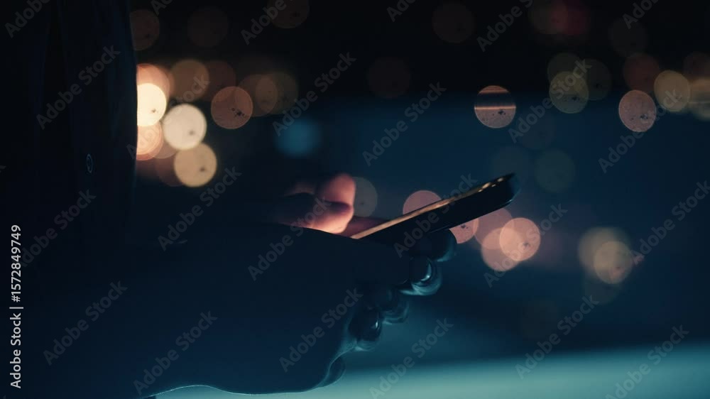Close up of businessman hands using smartphone at night, with blurred city lights creating bokeh effect in background, suggesting late night work or communication. Gadgets in business
