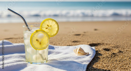 Refreshing lemonade with lemon slices on towel at beach with ocean view for summer drink lifestyle visuals

