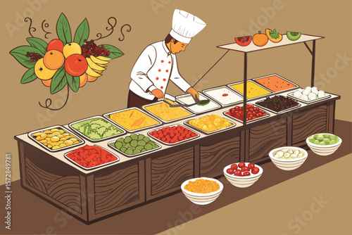 Vibrant vector illustration of an open buffet with diverse food selections on multiple trays.