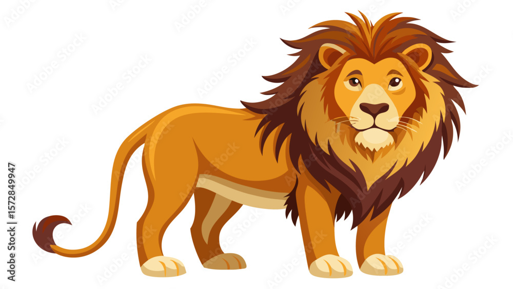 Obraz premium Majestic cartoon lion with a full mane standing proudly on a white background