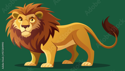 Stylized cartoon lion with a majestic mane standing confidently on a green background