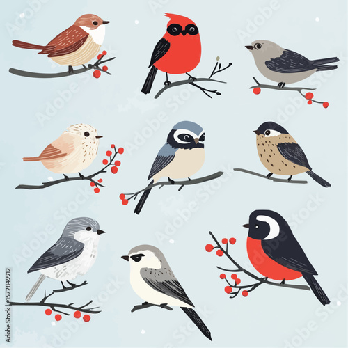 Charming winter birds including bullfinch, owl and songbirds on branches with berries, perfect for seasonal wall art, packaging, greeting cards and cozy festive decoration