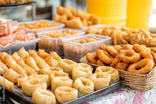 Variety of delicious southeast asian fried snacks and desserts at a street market photo