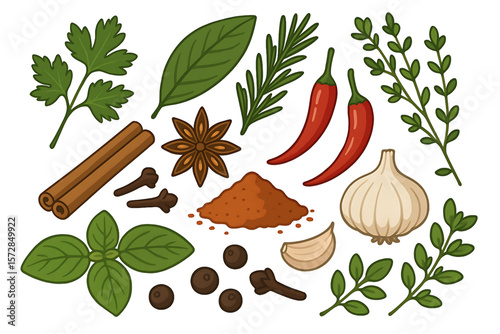 Assortment of Culinary Herbs and Spices vector set 2.