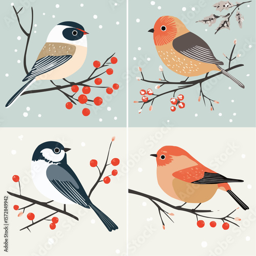 Whimsical winter birds with berries and snowy branches, perfect for festive greeting cards, seasonal packaging, wrapping paper and cozy winter decoration.