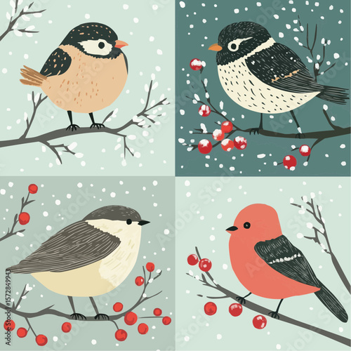 Elegant winter birds on branches with soft snowy colors, ideal for wall art, festive packaging, greeting cards and cozy seasonal prints