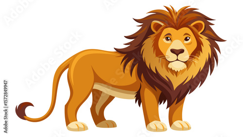Majestic cartoon lion with a full mane standing proudly on a white background