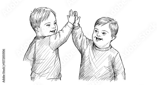 Boys with Down syndrome giving high five, joyful interaction, copy space