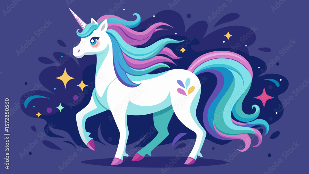 Fototapeta premium Magical white unicorn with colorful mane and tail in starry night sky