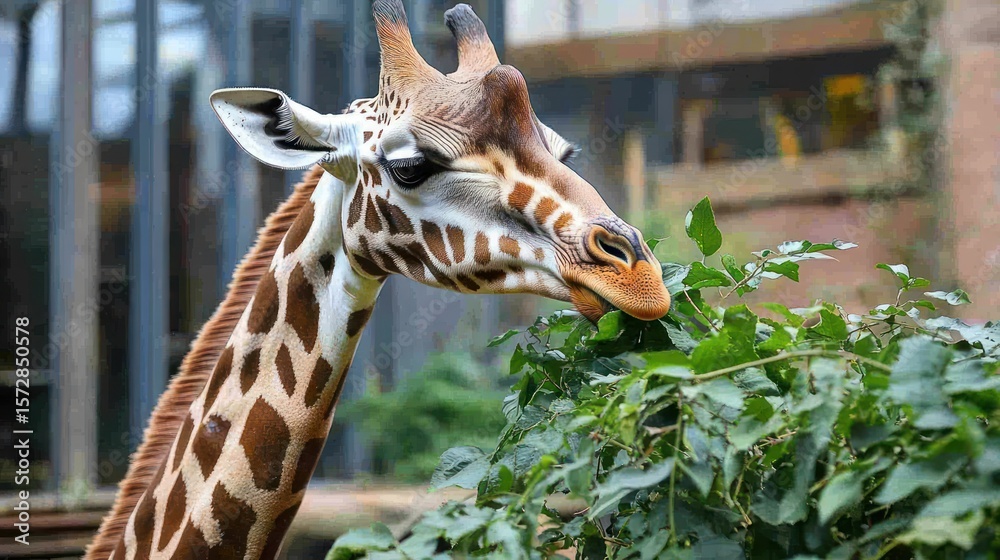 Fototapeta Giraffe gracefully feeding on leaves