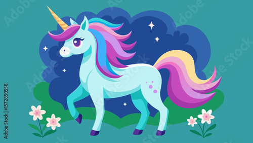 Whimsical light blue unicorn with rainbow mane and tail walks in a magical meadow