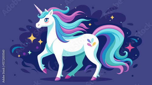 Magical white unicorn with colorful mane and tail in starry night sky