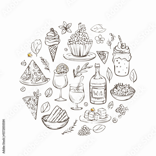 Set of hand drawn whimsical illustrations of food and drinks. Doodle drawings of italian and french food, cocktails, flowers and decor. Coquette line art in vintage style. Vector design
