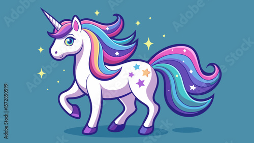 Charming cartoon unicorn with a rainbow mane and tail prancing with stars