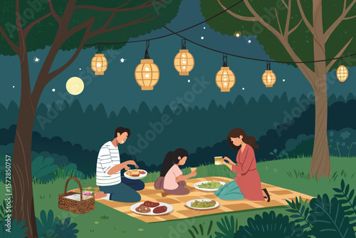 Vector art of a nighttime outdoor picnic scene featuring lanterns and family.