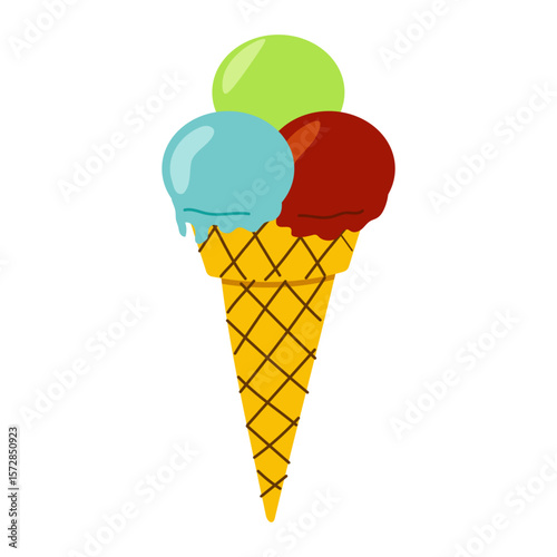 Colorful ice cream cone with three distinct flavors served on a sunny day
