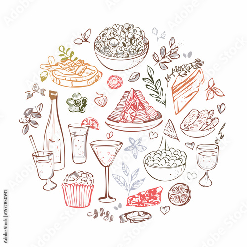 Set of hand drawn whimsical illustrations of food and drinks. Doodle drawings of italian and french food, cocktails, flowers and decor. Coquette line art in vintage style. Vector design