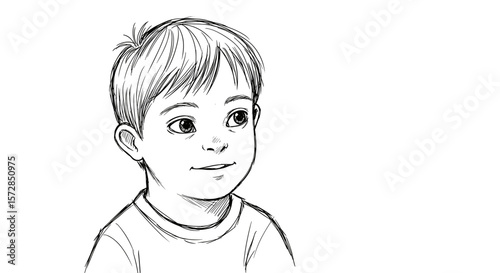 Curious boy with Down syndrome, thoughtful expression, copy space