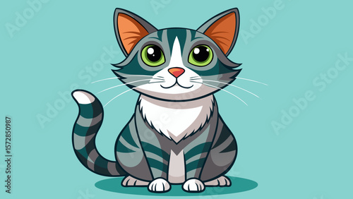 Cute cartoon tabby cat with green eyes sitting on a teal background