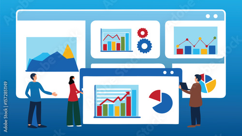 People interacting with dashboards displaying charts graphs and data visualizations in a digital interface view