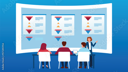 Presentation scene with people attending a meeting and a presenter standing near a screen with slides
