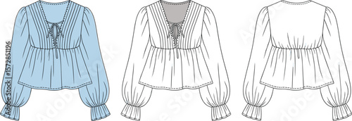 Bohemian style blouse top, lace trim neckline, tie front peasant design, technical fashion flat sketch, front and back view