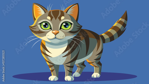 Adorable cartoon tabby cat with bright green eyes standing on a blue background
