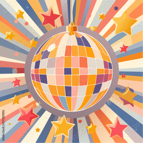 Abstract colorful disco ball with starts and hearts decorations. Geometric mirror decor for party celebration. Dance sphere in 70s style. Fun vector illustration