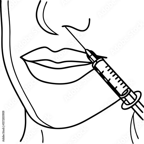 Chin injection with syringe illustrating cosmetic procedure on woman's face. Chin injection highlights facial contouring and enhancement, utilizing a medical syringe for precise treatment.