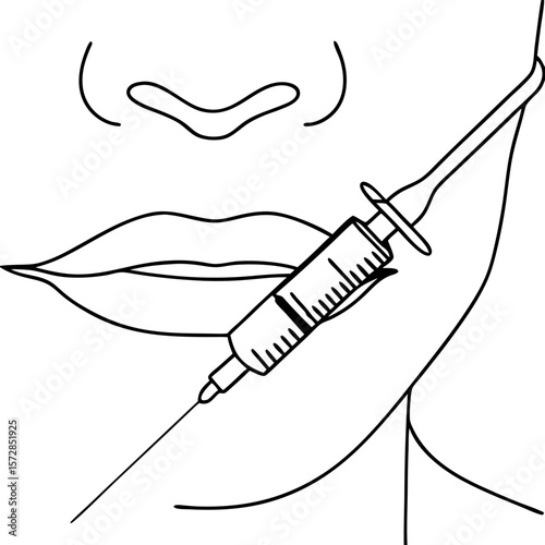 Chin injection with syringe on woman's face for beauty treatment. Chin injection with syringe showing hyaluronic acid being injected into skin, illustrating cosmetic procedure, and face contouring.