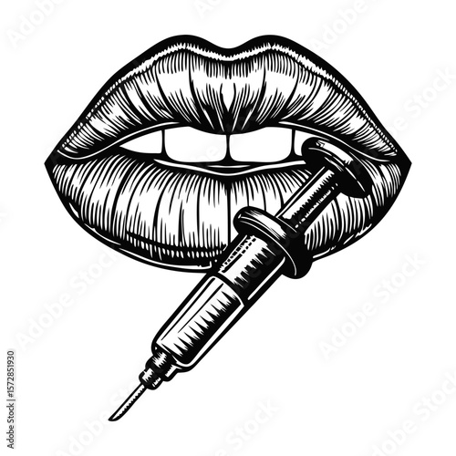 Depicting chin injection with syringe for aesthetic enhancement, beauty lips receive chin injection with syringe to reshape face. Undergoing chin injection with syringe,