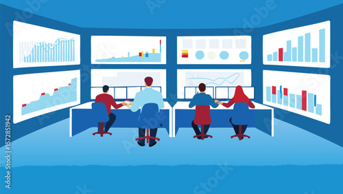 Four people working at desks in a control room with multiple screens displaying charts and graphs data