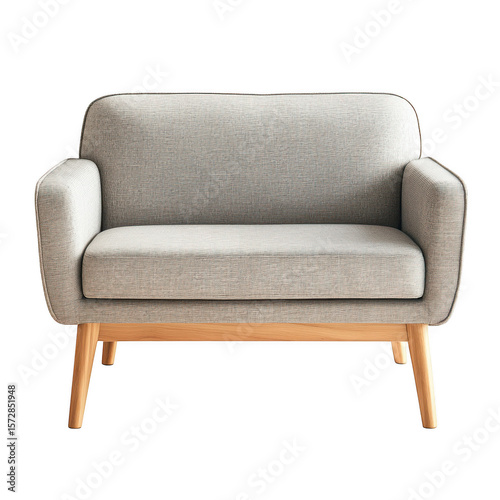 Modern light gray fabric loveseat with natural wood legs isolated on transparent background