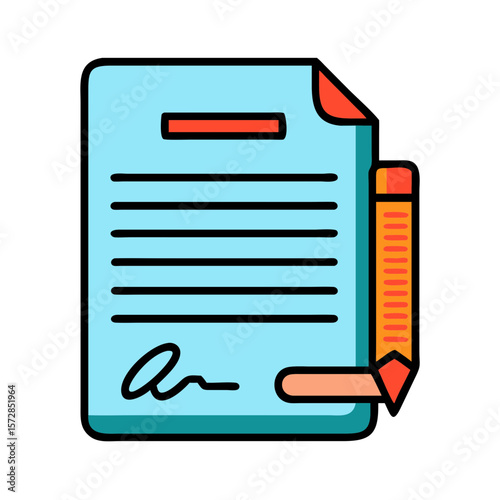 Contract illustration showing legal document with signature and pencil. This contract illustration can symbolize agreement and commitment, with its detailed design and recognizable imagery.