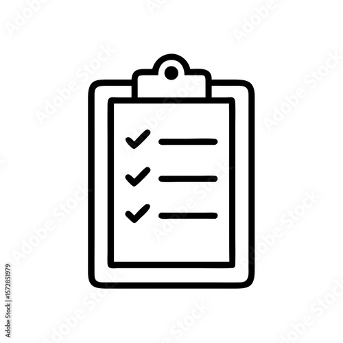 Clipboard with checkmarks in simple line drawing, representing task list. This clipboard highlights completed tasks and confirms status updates, suitable for business or personal organization.