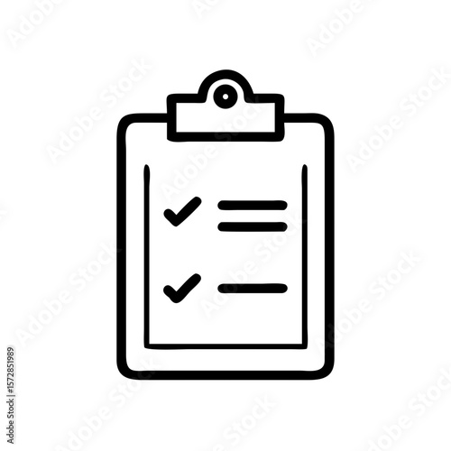 Clipboard with checkmarks and lines on white background conveys task completion. This clipboard represents a checklist of finished work and completed items.