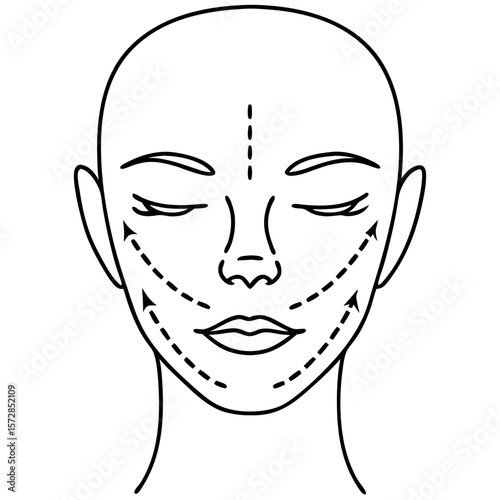 Face lift with arrows indicating lift, presented with a clean, minimalist graphic of woman's face and suggested direction. Face lift with arrows demonstrates skincare routine and upward movement.