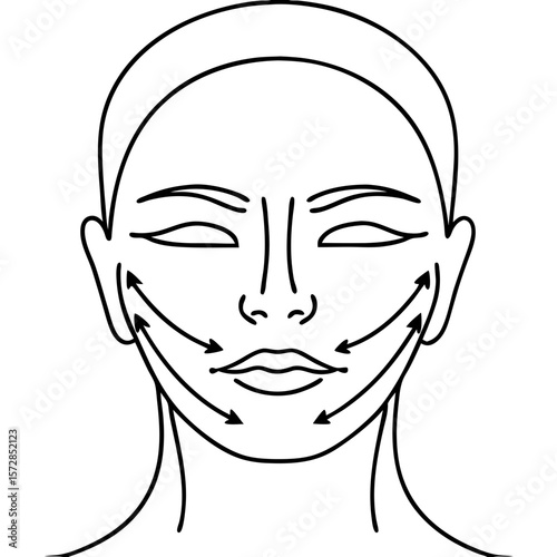 Face lift arrows indicating anti-aging treatments on woman's face, illustrating non-surgical procedures. Face lift arrows show direction of skin tightening for wrinkles and aging treatment,