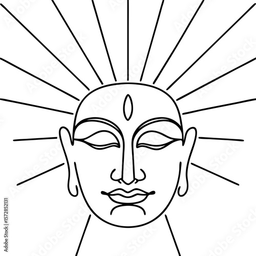 Face illuminated by rays of light radiating outwards, an illustration showing facial features and emanating sunlight. Divine face illuminated by rays symbolizes spirituality, wisdom, and inner peace,