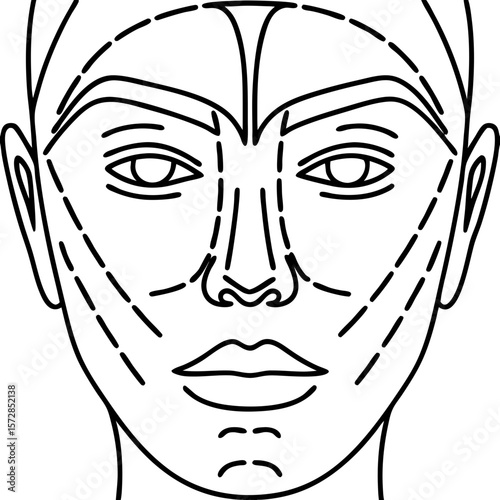 Face lift arrows depicted on human face, highlighting areas for potential cosmetic surgery, including neck, eyes and brows.