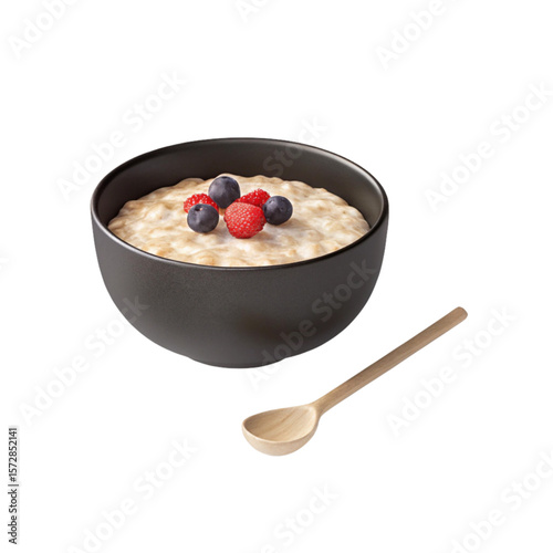 Oatmeal dessert bowl topped with blueberries and raspberry on wooden spoon