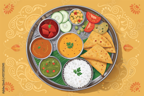 Overhead view of a vibrant Indian thali meal.
