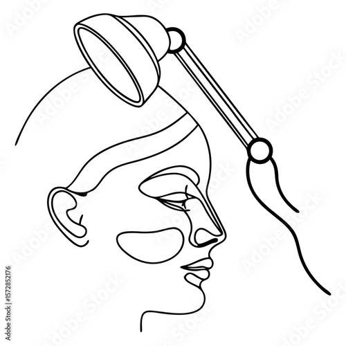 Face under light therapy device helps maintain healthy skin with phototherapy session. Light therapy device and continuous line art of face enhance youthful glow.