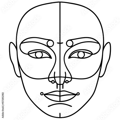 Face with correction lines showing ideal facial proportions for cosmetic surgery, highlighting symmetry and aesthetic balance. Face with correction lines indicate areas for potential adjustments,