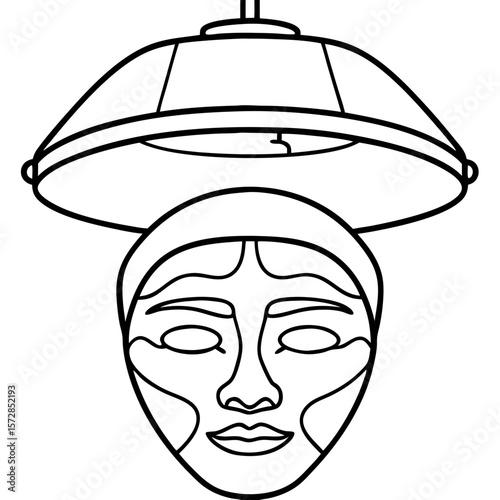 Face under light therapy device for skincare treatment, shown in simple line drawing illustration. Light therapy device provides modern facial care, designed for anti-aging and skin rejuvenation.