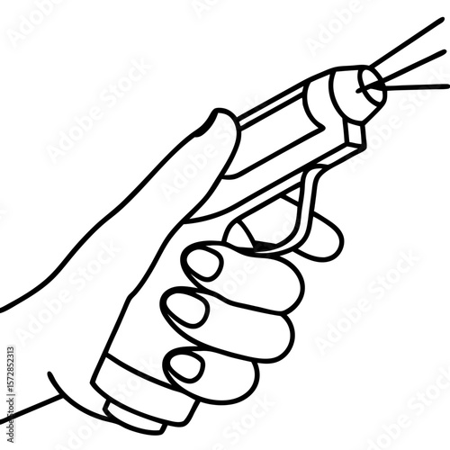 Hand holding precision laser for cutting or pointing with laser technology. Hand holding precision laser for advanced manufacturing or scientific research, demonstrating focused energy.