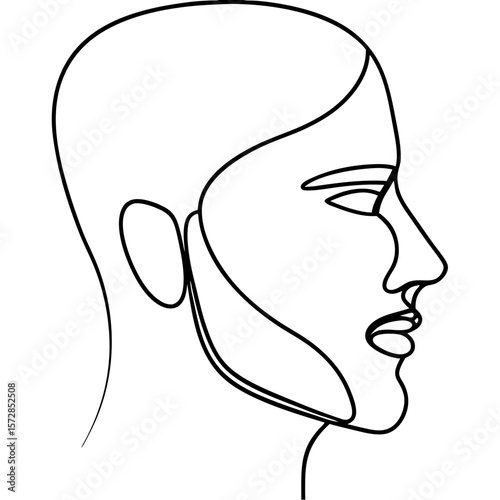 Profile with jawline enhancement illustrated as continuous line drawing on white background. Jawline enhancement depicted as smooth, flowing shape, ideal for cosmetic surgery or beauty ads.