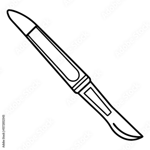 Scalpel tool silhouette in precise black and white line art rendering a surgical scalpel tool silhouette with sharp blade. Scalpel tool silhouette outline for design, symbolizing precision, medicine,