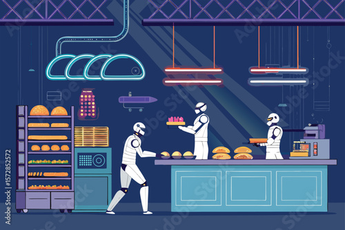 Futuristic bakehouse scene with robotic assistance.