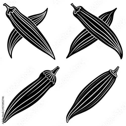 Illustration of four okra pods in varying positions with a black and white color scheme design style